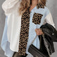 Leopard Print Striped Dip Hem Loose Fit Casual Blouse Button Front Shirt