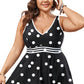 Black Polka Dot/Colorblock Trim V Neck Plus Size Swim Dress