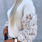 Contrast Sequin Fluffy Detail Long Sleeve Knit Sweater Casual Pullover Top