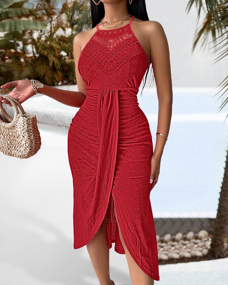 Tropical Print Halter A Line Sleeveless Front Slit Ruched Maxi Dress Vacation Dress