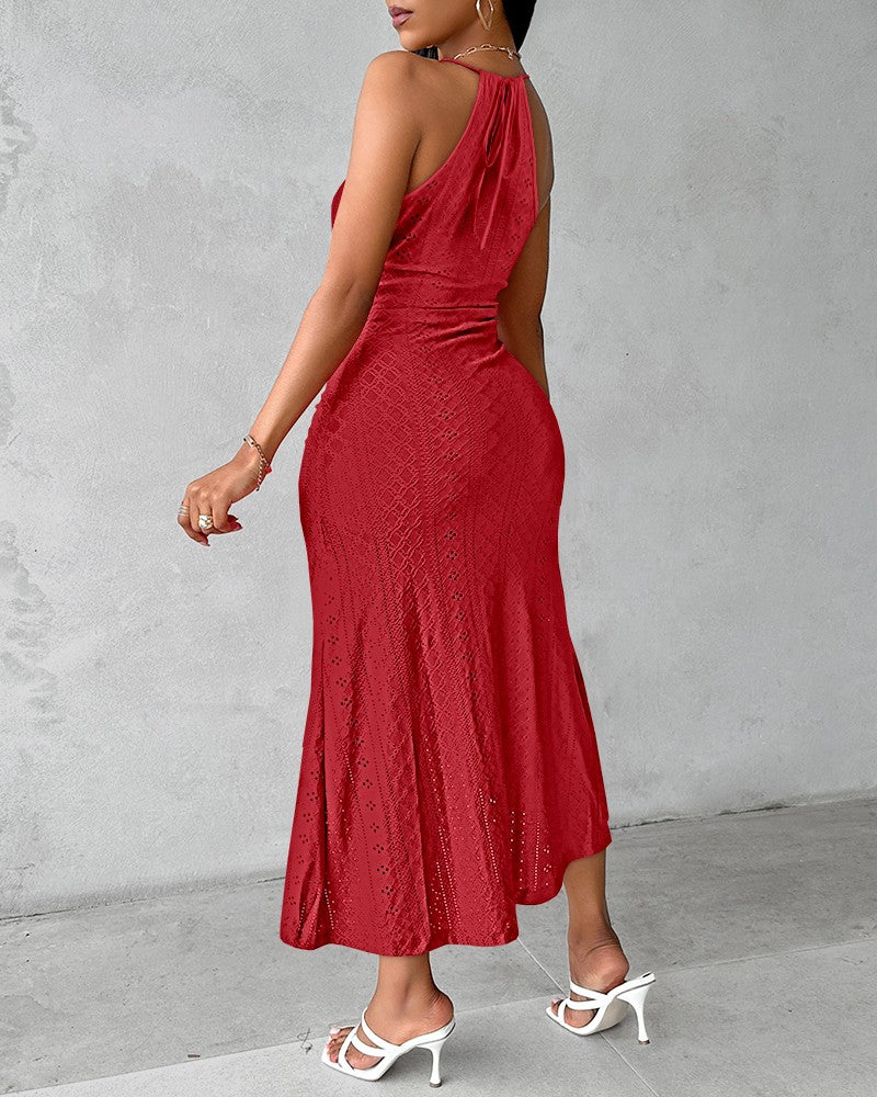 Halter Hollow out A Line Sleeveless Front Slit Ruched Maxi Dress Vacation Dress