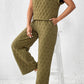 Sage Green Quilted Short Sleeve Wide Leg Pants Set