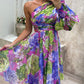 Floral Print Lantern Sleeve One Shoulder A Line Dress