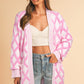 Pink Rhombus Pattern Knit Open Front Pocketed Cardigans