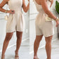 Asymmetrical Neck Sleeveless Drawstring Bowknot Decor Mini Jumpsuit Elegant Rompers with Pocket