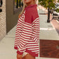 Red Stripe Buttoned V Neck Collared Drop Shoulder Top