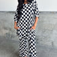 Black Checkered Print Half Sleeve Tunic Top and Flared Pants Set