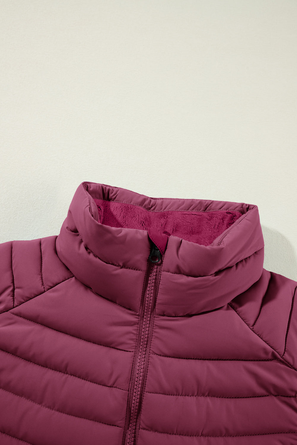 Burgundy Plush Collared Quilted Zipped Puffer Vest