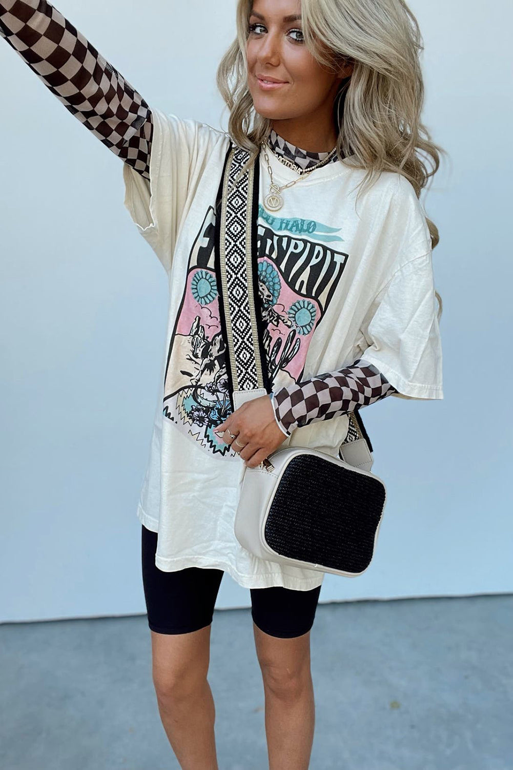 Black Checkered Pattern Mesh Mock Neck Long Sleeve Top