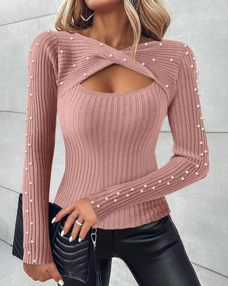 Twisted Hollow Out Beaded Knit Sweater