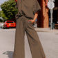 Brown Textured Loose Fit T Shirt and Drawstring Pants Set