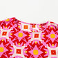 Strawberry Pink Geometric Print Shirred Cuff 3/4 Sleeve Loose Blouse