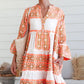 Orange Geometric Print Ruffle Tiered Button V Neck Dress