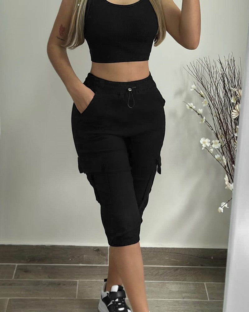 Side Pockets Drawstring Waist Cropped Cargo Pants