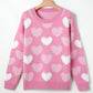 Pink Pearled Heart Print Valentines Crew Neck Sweater