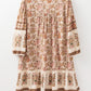 Apricot Floral Print Tassel Drawstring V Neck Loose Mini Dress