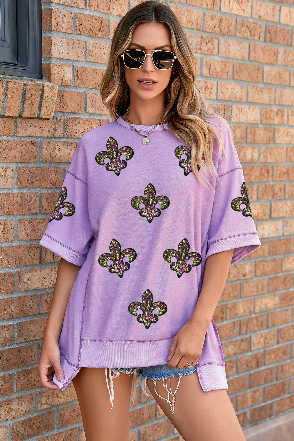 Orchid Petal Sequin Fleur De Lis Patched Exposed Seam Oversize Top