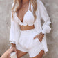 3PCS Lantern Sleeve Shirt & Floral Print Shorts Set With Crop Top