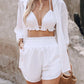 3PCS Lantern Sleeve Shirt & Floral Print Shorts Set With Crop Top