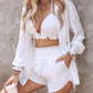 3PCS Lantern Sleeve Shirt & Floral Print Shorts Set With Crop Top