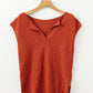 Orange Solid Color Split V Neck Short Sleeve Sweater