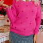 Rose Red Heart Shape Drop Shoulder Round Neck Sweater