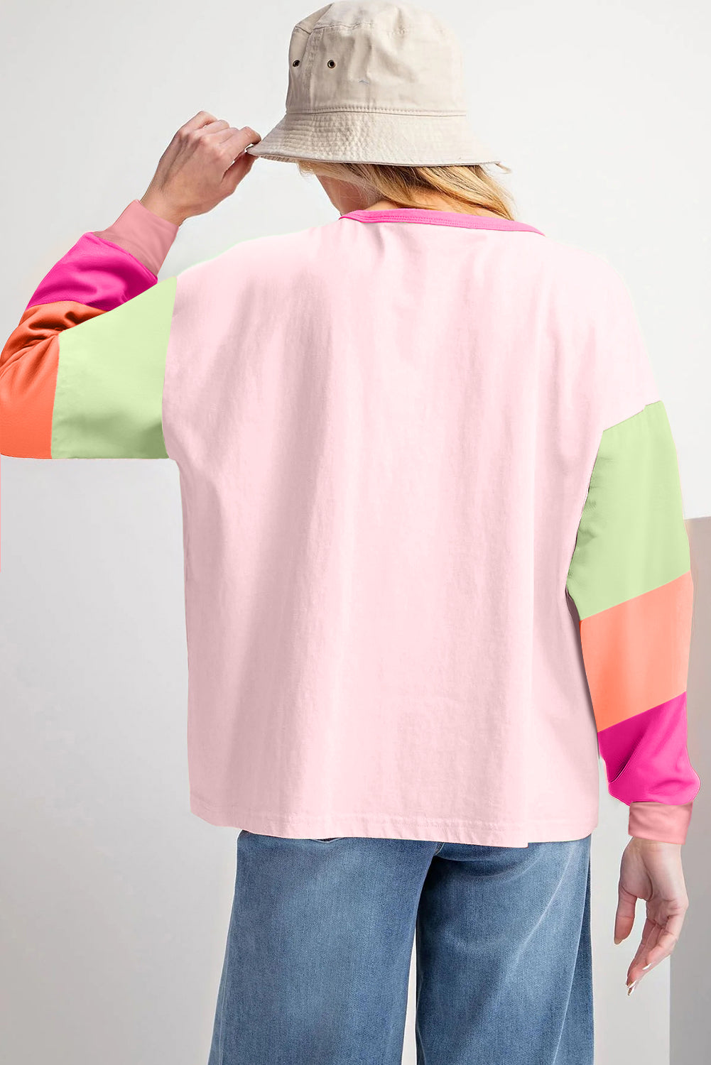 Pink Colorblock Patchwork Long Sleeve Loose Top