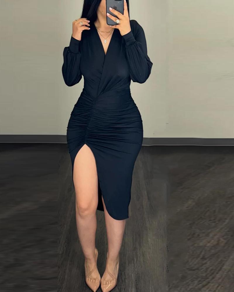 Deep V Neck Long Sleeve Ruched Bodycon Dress Slit Asymmetrical Midi Dress with Shoulder Pads