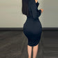 Deep V Neck Long Sleeve Ruched Bodycon Dress Slit Asymmetrical Midi Dress with Shoulder Pads