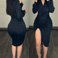 Deep V Neck Long Sleeve Ruched Bodycon Dress Slit Asymmetrical Midi Dress with Shoulder Pads