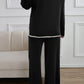 Black Contrast Trim Split Cuffs Long 2pcs Sweater Outfit Loungewear