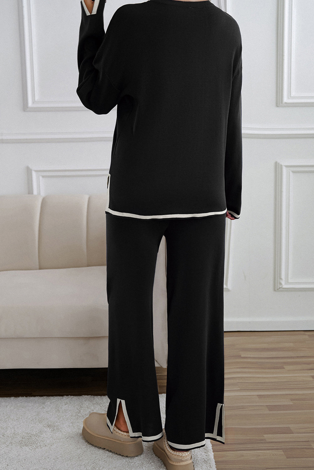 Black Contrast Trim Split Cuffs Long 2pcs Sweater Outfit Loungewear