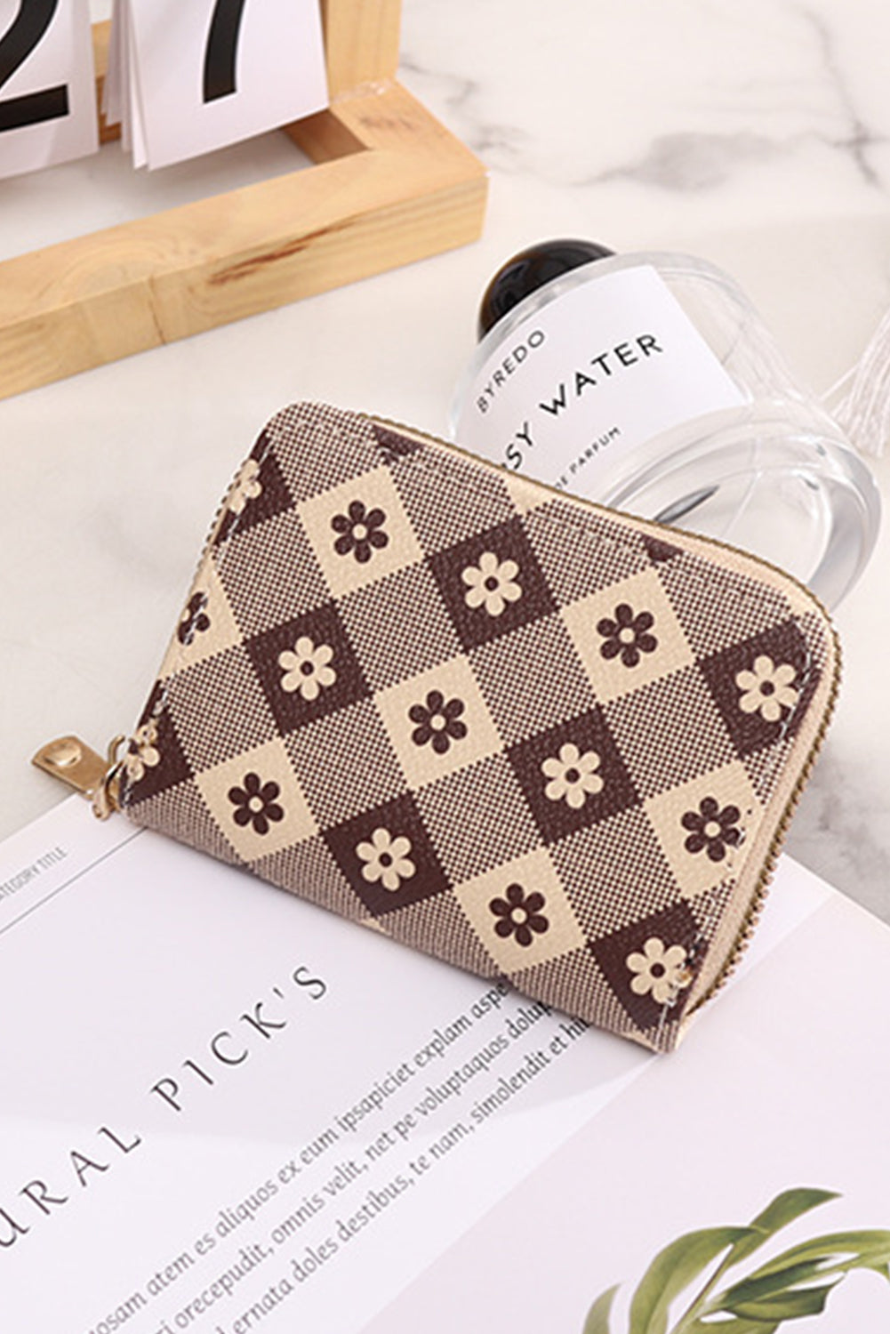 Khaki Flower Checkered PU Leather Wallet