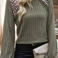 Moss Green Leopard Print Crochet Patchwork Rib Textured Knit Top