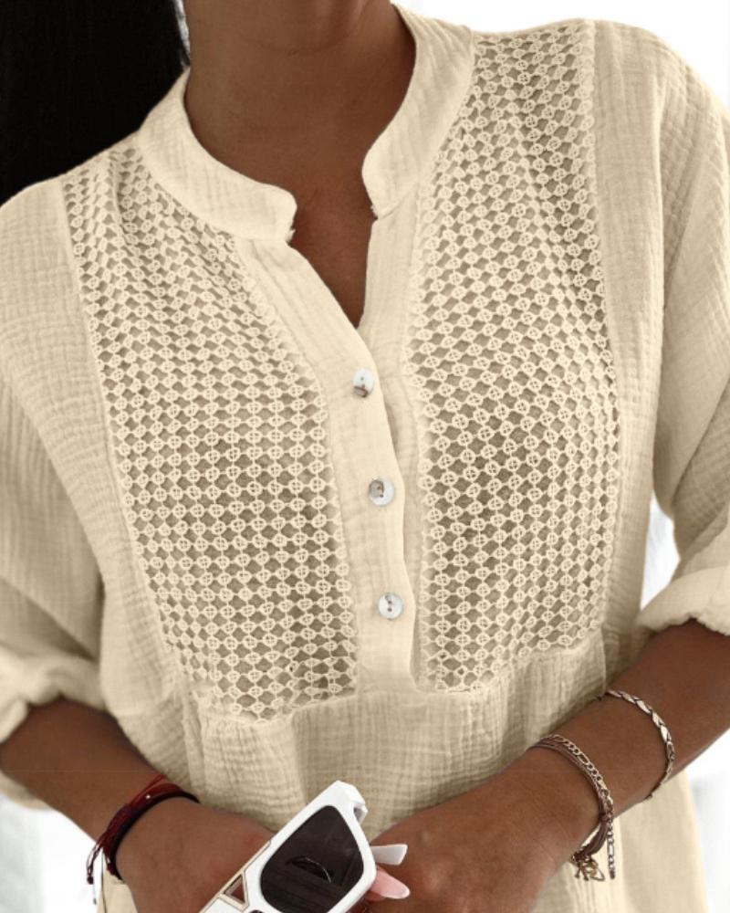 Roll Up Sleeve Hollow Out Shirt Button Front Casual Blouse Top