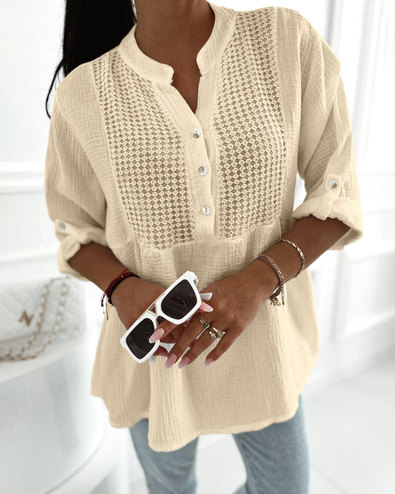 Roll Up Sleeve Hollow Out Shirt Button Front Casual Blouse Top