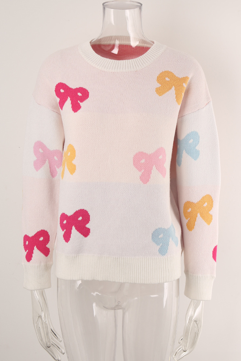 White Valentine Bow Print Crew Neck Drop Shoulder Sweater