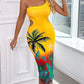 Tropical Print Cutout One Shoulder Bodycon Dress