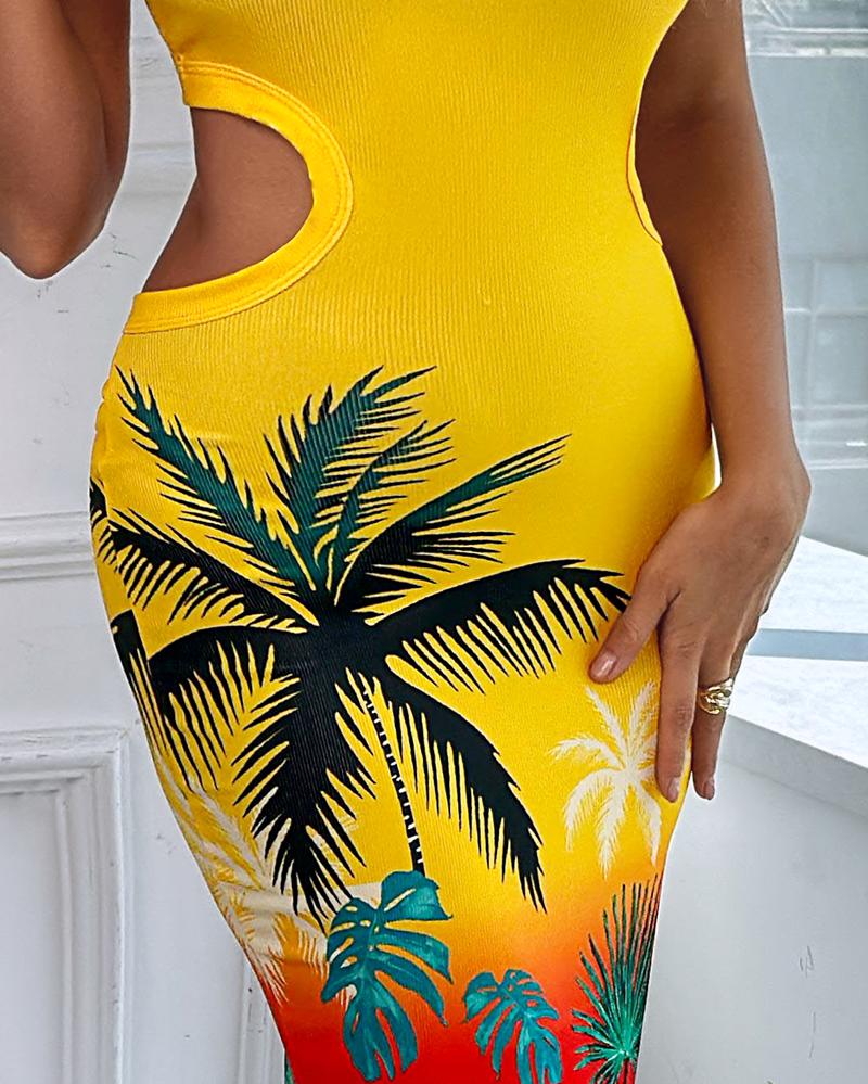 Tropical Print Cutout One Shoulder Bodycon Dress