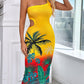 Tropical Print Cutout One Shoulder Bodycon Dress