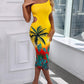 Tropical Print Cutout One Shoulder Bodycon Dress