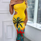 Tropical Print Cutout One Shoulder Bodycon Dress