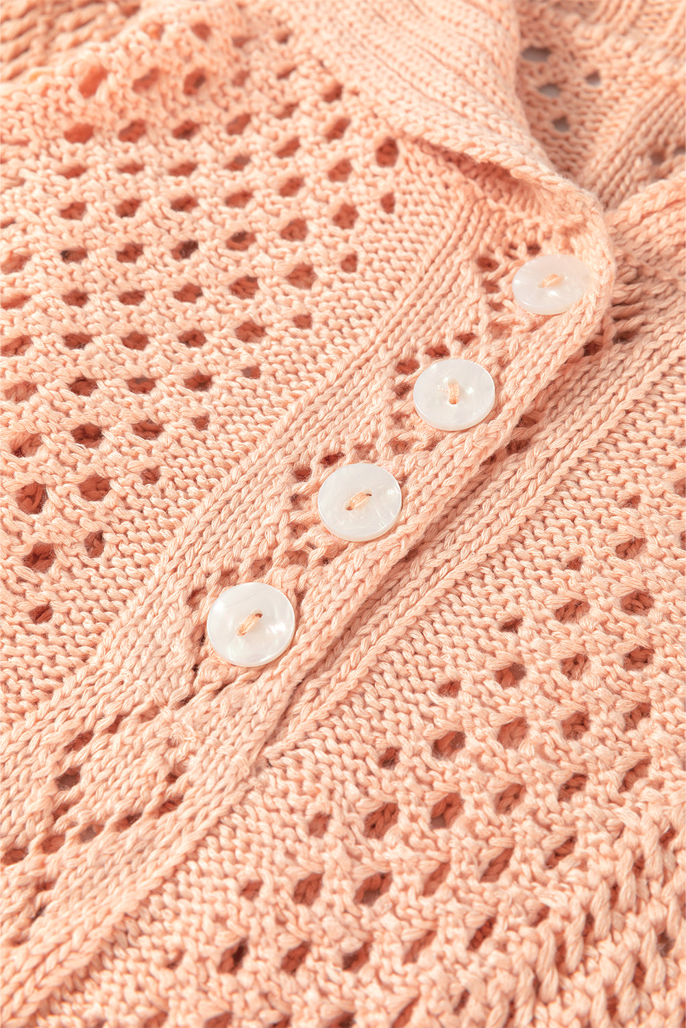 Apricot Pink Hollowed Knit 3/4 Dolman Sleeve Buttoned Collared Sweater