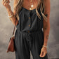 Black Knotted Straps Button Textured Drawstring Jumpsuit