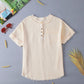 Parchment Crinkle Textured Frayed Trim Half Button Short Sleeve Top