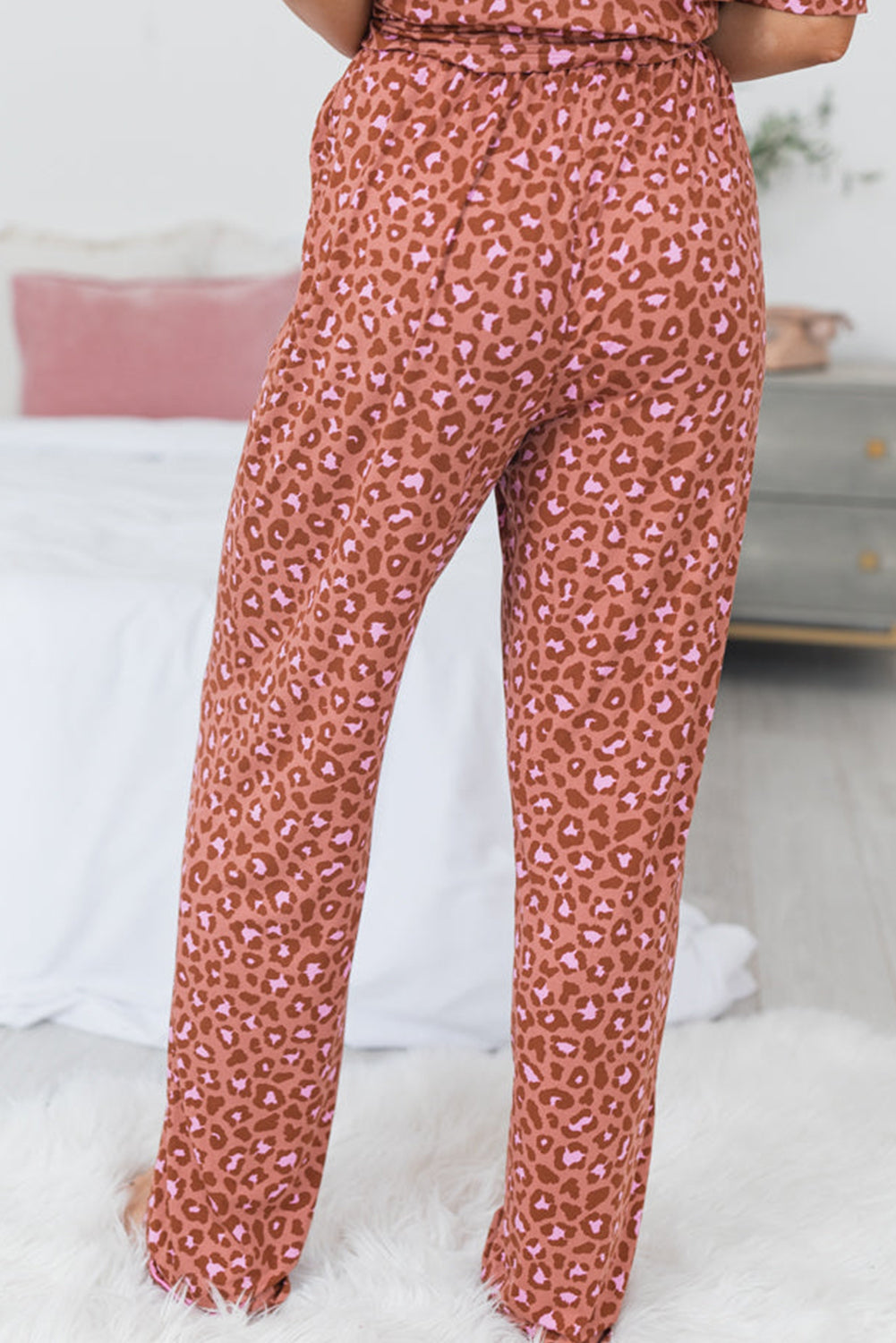 Brown Leopard Print Short Sleeve Shirt and Pants Pajamas Set