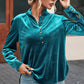 Green Frilled Neck Buttoned Front Velvet Top