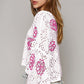 White Contrast Flower Print Eyelet Drop Shoulder Sweater