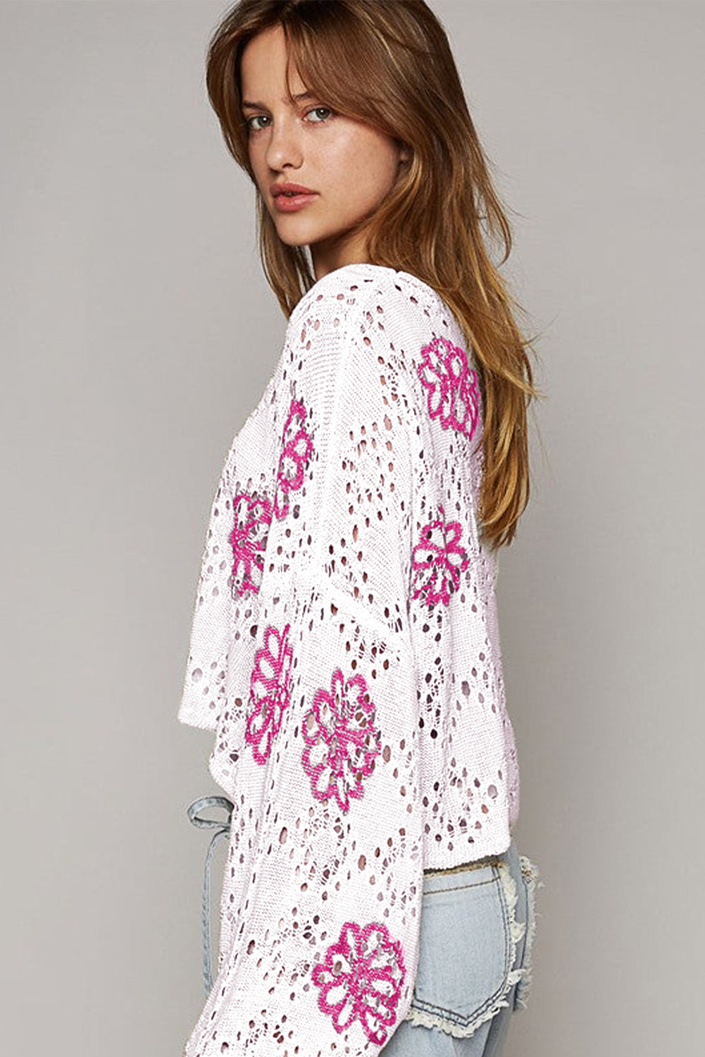 White Contrast Flower Print Eyelet Drop Shoulder Sweater