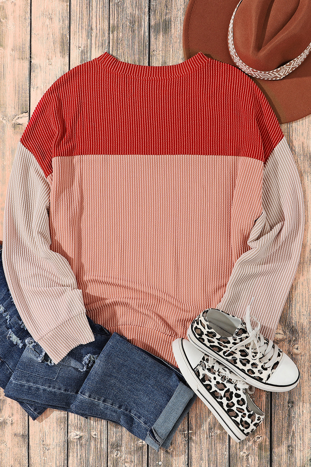 Fiery Red Color Block Long Sleeve Ribbed Loose Top